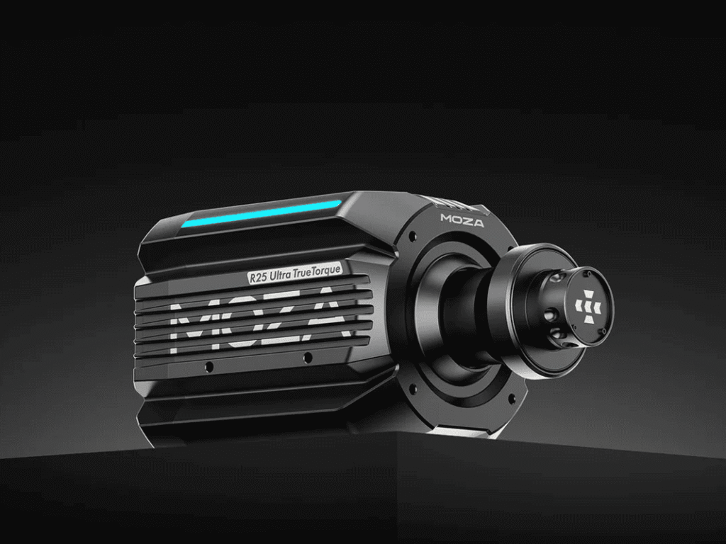MOZA R25 Ultra Direct Drive wheelbase resting on a dark pedestal with glowing blue LED strip
