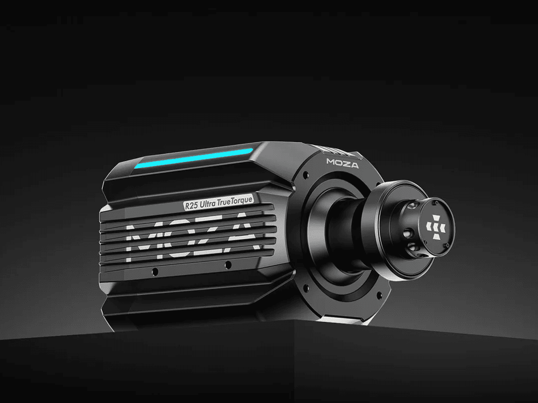 MOZA R25 Ultra Direct Drive wheelbase resting on a dark pedestal with glowing blue LED strip.