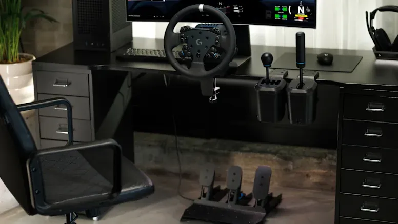 Logitech RS50 System with RS pedals, RS SHIFTER & HANDBRAKE and RS H-SHIFTER on desk